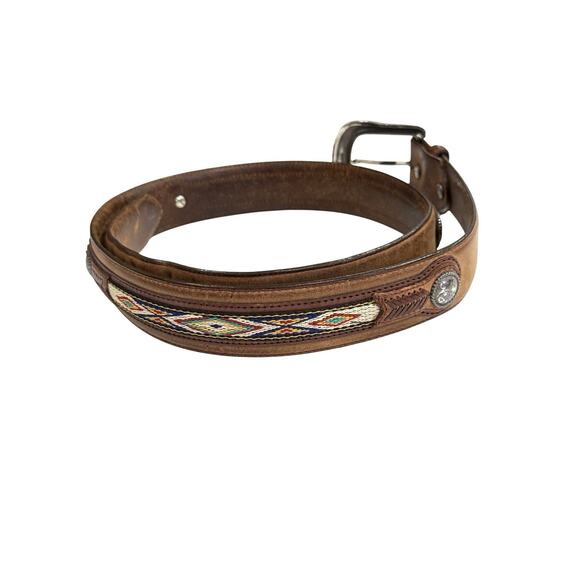 VTG 38 Justin Men's Brown Embroidered Appliqué Braided Silver Tone Leather Belt